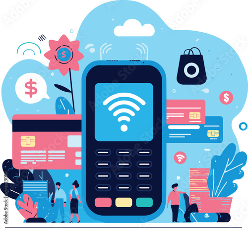 cloud computing concept, electronic and digital means of payment with active signal to transfer local and international money by credit card by transferring data in the cloud