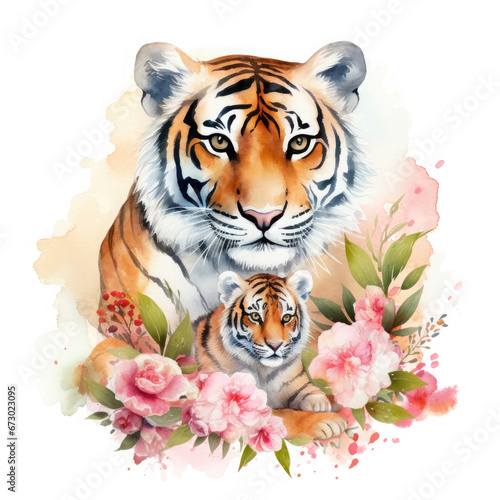 Cute mother tiger with baby with flowers Illustration, Generative Ai