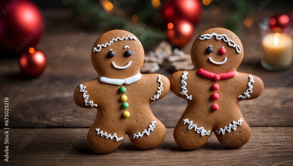 gingerbread man in a wooden table with Christmas decorations 