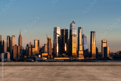 Skyscrapers Cityscape Downtown, New York Skyline Buildings. Beautiful Real Estate. Sunset. Empty rooftop View. Success concept.