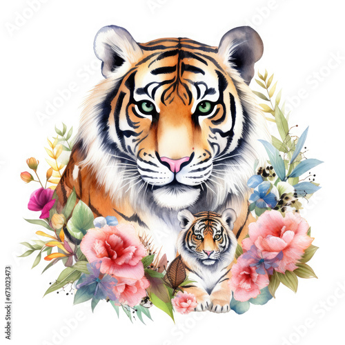 Cute mother tiger with baby with flowers Illustration  Generative Ai