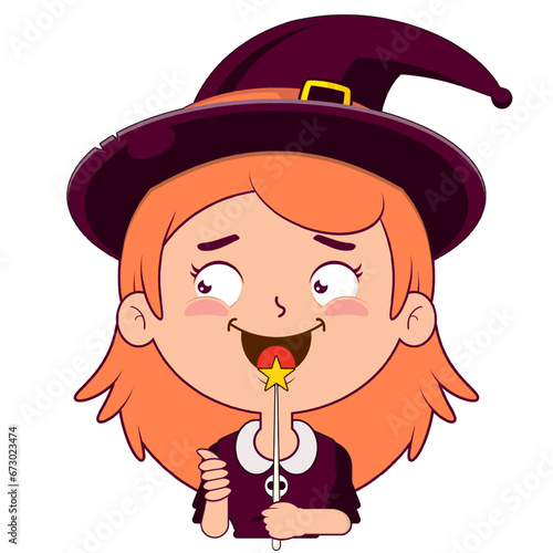 witch holding magic wand doubt face cartoon cute