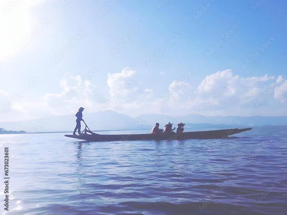 Naklejka premium a man standing on the bow of a boat in the water