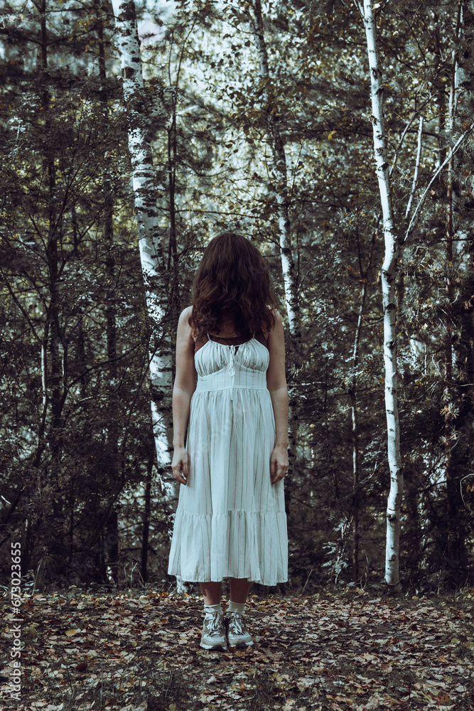 Portrait of woman make up ghost face at the forest, Horror in forest scene, Scary at forest, Halloween poster