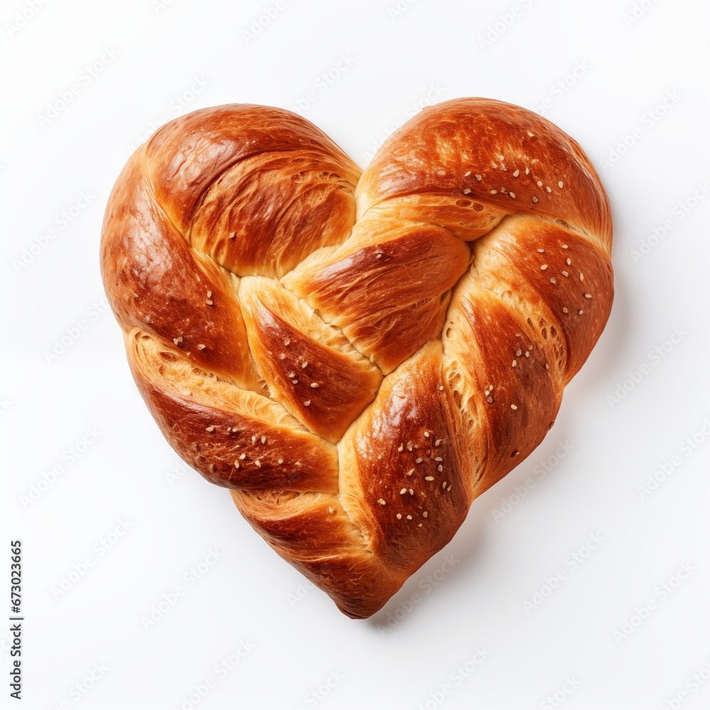Heart shaped bread with sesame seeds on white background, top view Heart shaped bread with sesame seeds on white background, top view