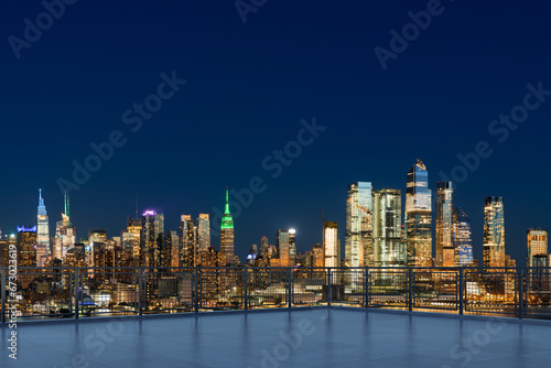 Skyscrapers Cityscape Downtown, New York Skyline Buildings. Beautiful Real Estate. Night time. Empty rooftop View. Success concept.