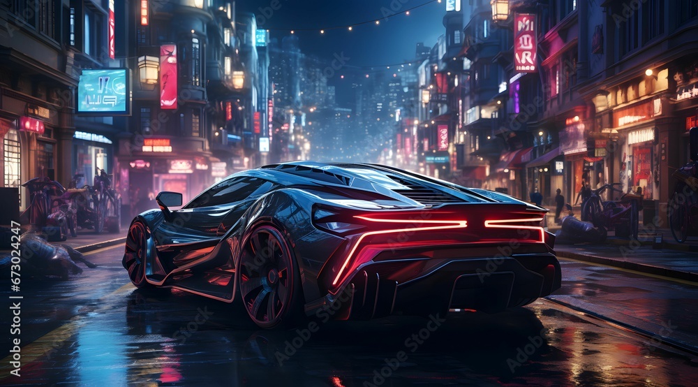 AI generated illustration of a sleek futuristic vehicle in the middle of a bustling street