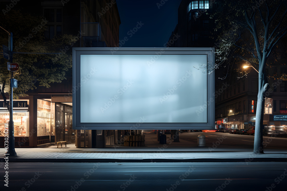 Blank billboard at Store Street showcase window in a city at night, mock-up, Blank billboard at Store Street showcase window in a city at night, mock-up,