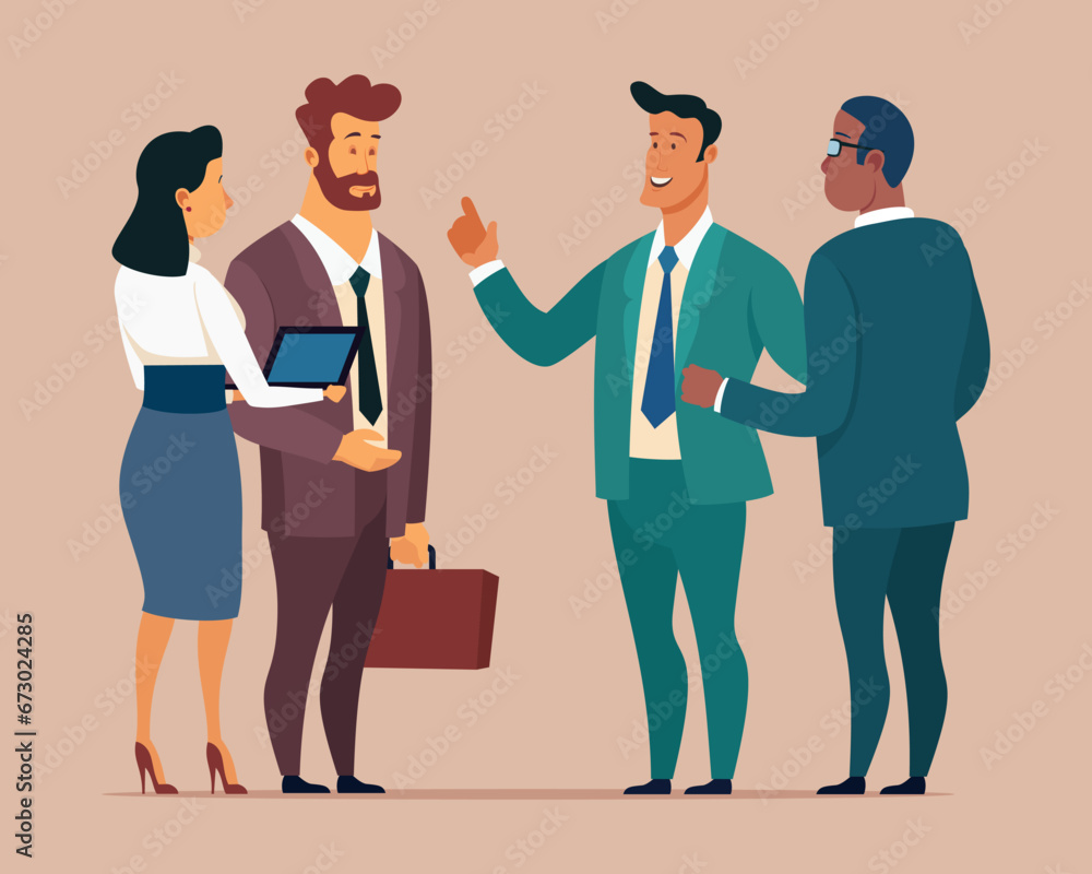 Group of business people talking to each other. Businessman with attache case and his female assistant with tablet discussing project with business partners. Business communication concept Group of business people talking to each other. Businessman with attache case and his female assistant with tablet discussing project with business partners. Business communication concept