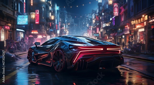 AI generated illustration of a sleek futuristic vehicle in the middle of a bustling street © Wirestock