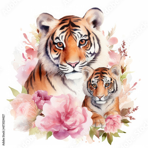 Cute mother tiger with baby with flowers Illustration, Generative Ai © Creative Artist