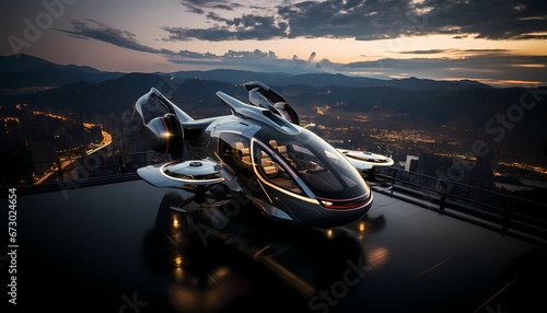 AI generated illustration of a futuristic flying car above a cityscape