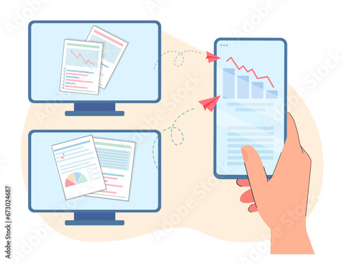 Modern devices with documents and diagrams vector illustration. Computer, laptop, smartphone. Paperwork efficiency and process of electronic document interchange concept