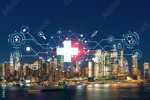 New York City skyline from New Jersey over the Hudson River with Hudson Yards at night. Manhattan, Midtown. Health care digital medicine hologram. The concept of treatment and disease prevention