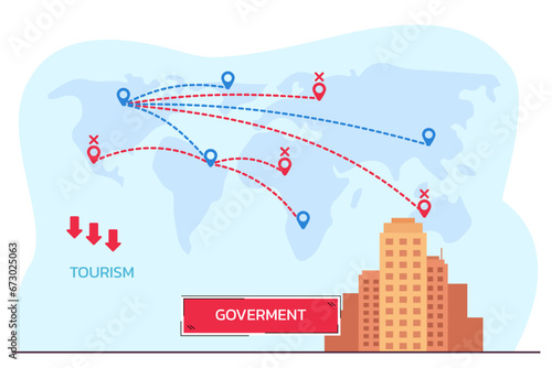 World map with destination points and hotel buildings. Vector illustration. Partial government shutdown, problems in tourism concept