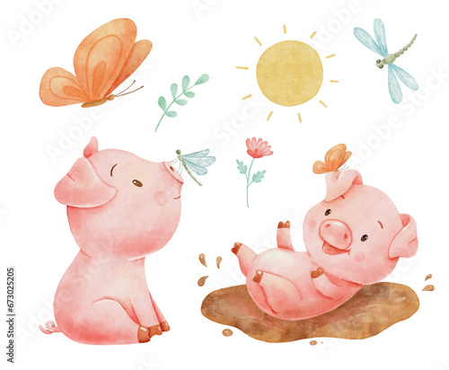 Cute piggy playing in puddle and sitting with dragonfly. Hand drawn watercolor illustrations set isolated on white background. Funny Farm animal clipart for kids