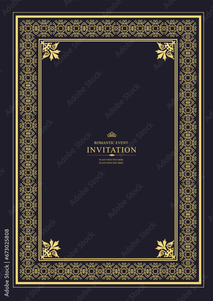 Gold ornament on dark background. Can be used as invitation card.