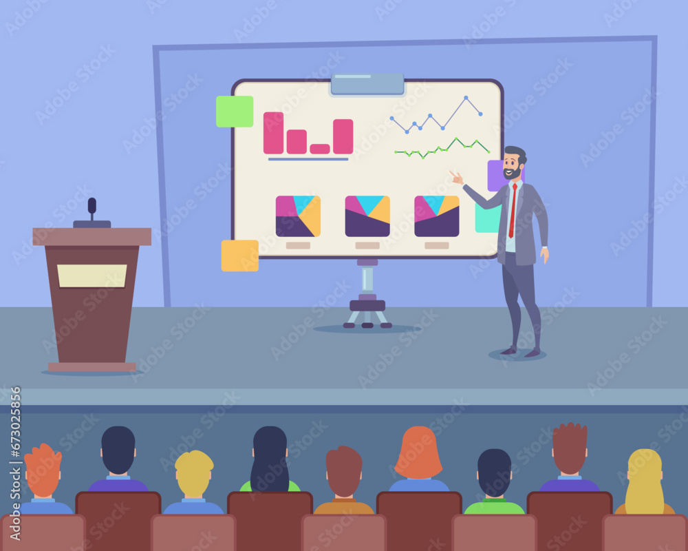 Business coach giving presentation in front of audience vector illustration. Flipchart with business diagrams. Training concept