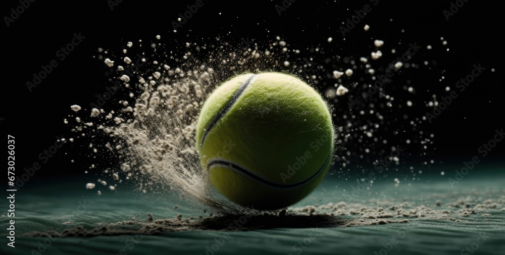 AI generated illustration of a tennis ball in waterdrops, on a dark background