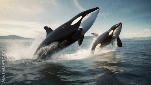 AI-generated illustration of two majestic breaching orcas. © Wirestock