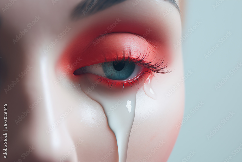 Fototapeta premium close up of crying eye with with red eyeshadow and gel tears, pale skin isolated on plain blue studio background