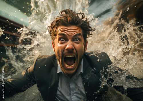 Captivating image depicting a man overwhelmed with the metaphorical feeling of drowning under work stress and corporate demands. photo