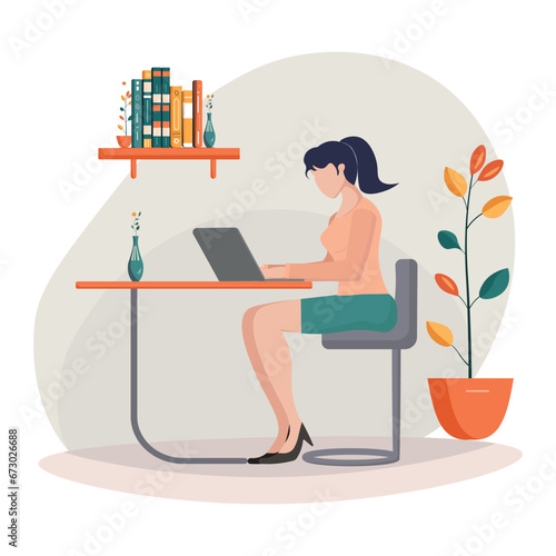 woman works on laptops at home. Freelancer girl is self employed. Online education and distance learning at home. Workspace, remote work. Vector flat