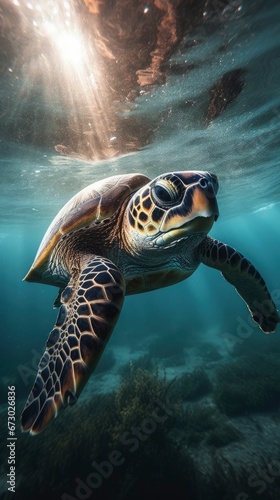 AI generated illustration of a turtle gliding through the tranquil ocean