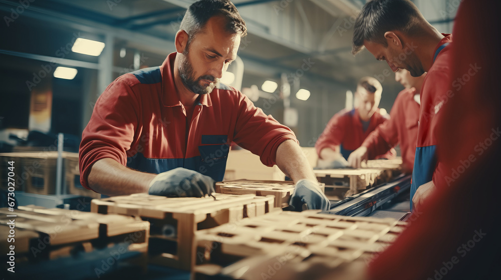 Workers in uniform packaging and labeling crates of aerospace