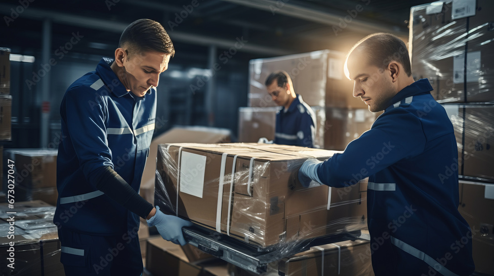 two workers in a warehouse, moving a large cardboard box. They are