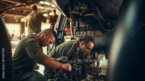 Workers aligning and fitting specialized equipment on a military helicopter.Background photo