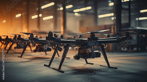 a collection of drones stored in a warehouse, indicating a focus on technology, unmanned aerial vehicles, and possibly logistics or distribution.Background photo