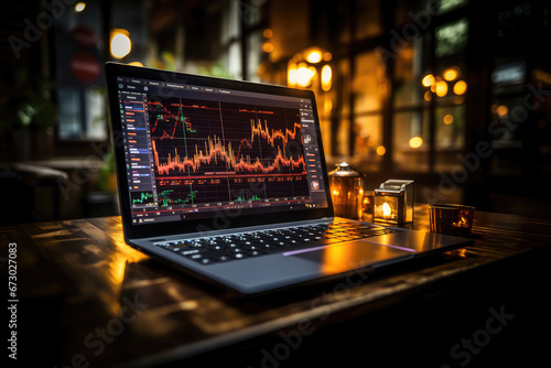 Laptop displaying a detailed stock market chart with candles, set on a wooden table in a warmly lit evening setting, signifying after-hours trading.