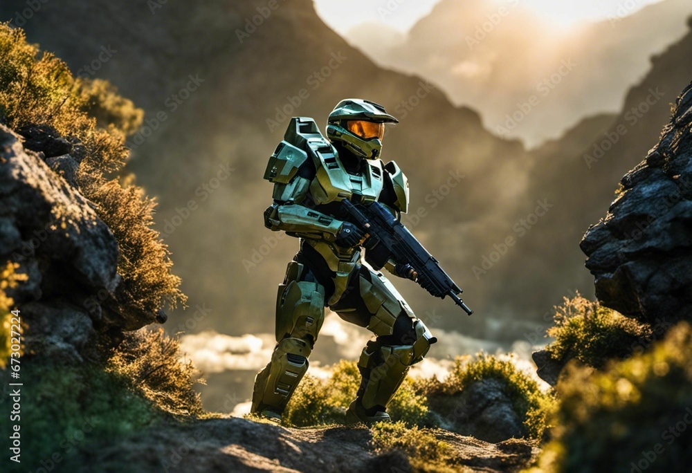 Fototapeta premium Uniformed soldier standing in the middle of a rocky terrain, AI-generated.