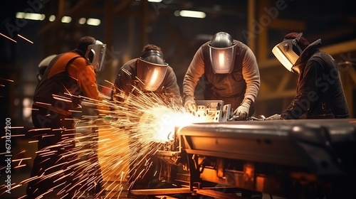 a team using advanced technology to weld together sections of an airplane's body.Background photo