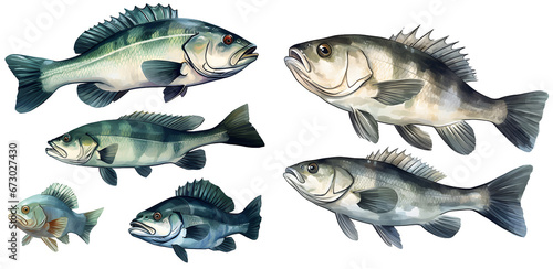 Sea bass fish watercolor illustration clipart. Generative AI.