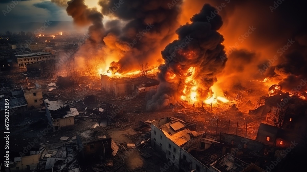 Obraz premium Inferno in the Metropolis: Calamity Strikes as Houses Burn in Airstrike