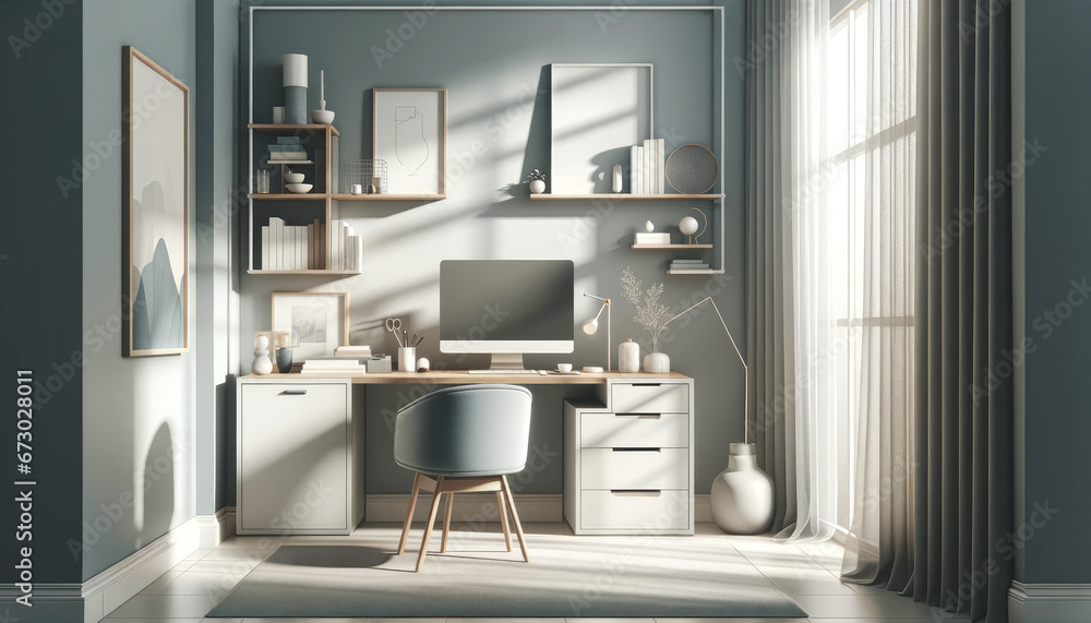Sophisticated Minimalism: Tranquil Home Office Illustration Sophisticated Minimalism: Tranquil Home Office Illustration
