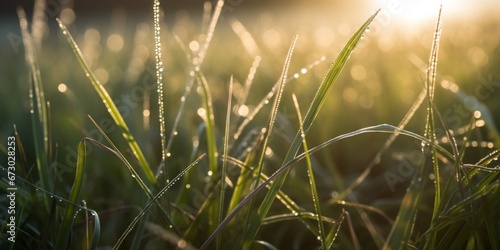 Glistening dew on blades of grass on the sunlight © Mangostar