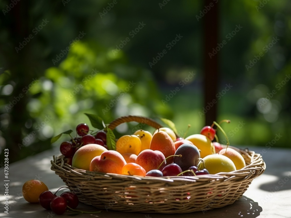 Ripened fruits in basket on the table Ripened fruits in basket on the table