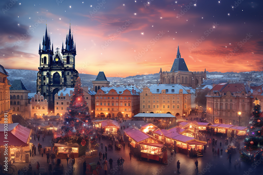 Prague, Czech Republic. Abstract image with Vanocni Trhy beautiful famous Christmas Market, charming travel destination of historical Bohemia.