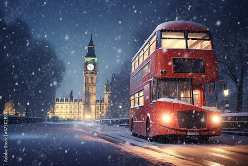 London, United Kingdom. Big Ben and Parliament Building during winter bilzzard storm, abstract image.