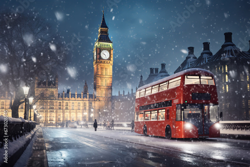 London, United Kingdom. Big Ben and Parliament Building during winter bilzzard storm, abstract image.