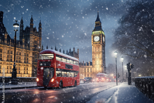 London, United Kingdom. Big Ben and Parliament Building during winter bilzzard storm, abstract image.