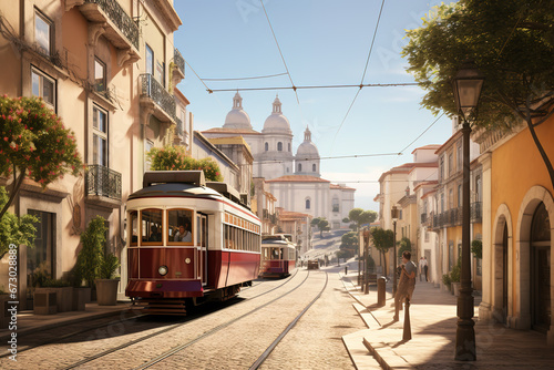 Lisbon, Portugal. Abstract image with medieval city, Americanos tram, famous lusitan capital symbol.