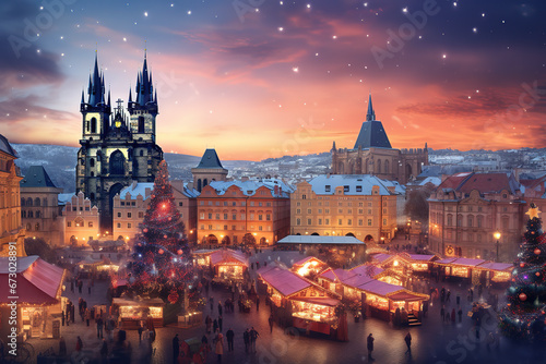 Prague, Czech Republic. Abstract image with Vanocni Trhy beautiful famous Christmas Market, charming travel destination of historical Bohemia.