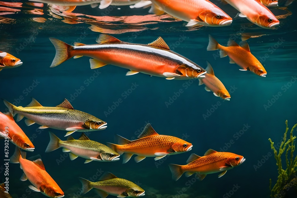 salmon fish swimming in the river, fishes in the water salmon fish swimming in the river, fishes in the water