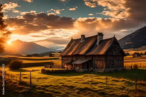 Medieval farm house in sunset at rural country side with clouds and mountains
