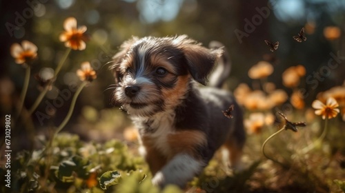 AI generated illustration of a small  adorable puppy running in a field of flowers