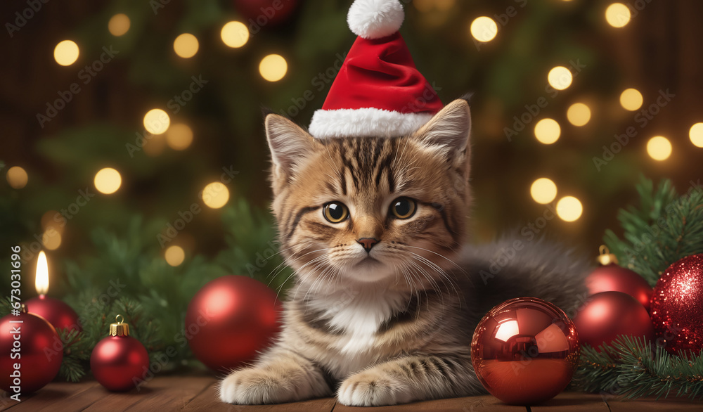Kitten and Christmas tree with new year decorations Kitten and Christmas tree with new year decorations